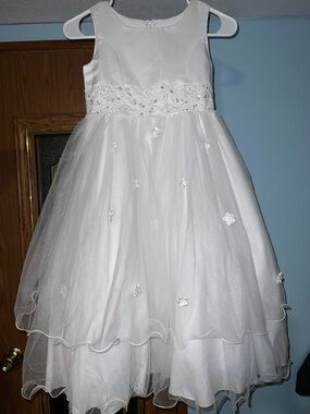 Girls' White Floral Waistband Tulle Party Dress